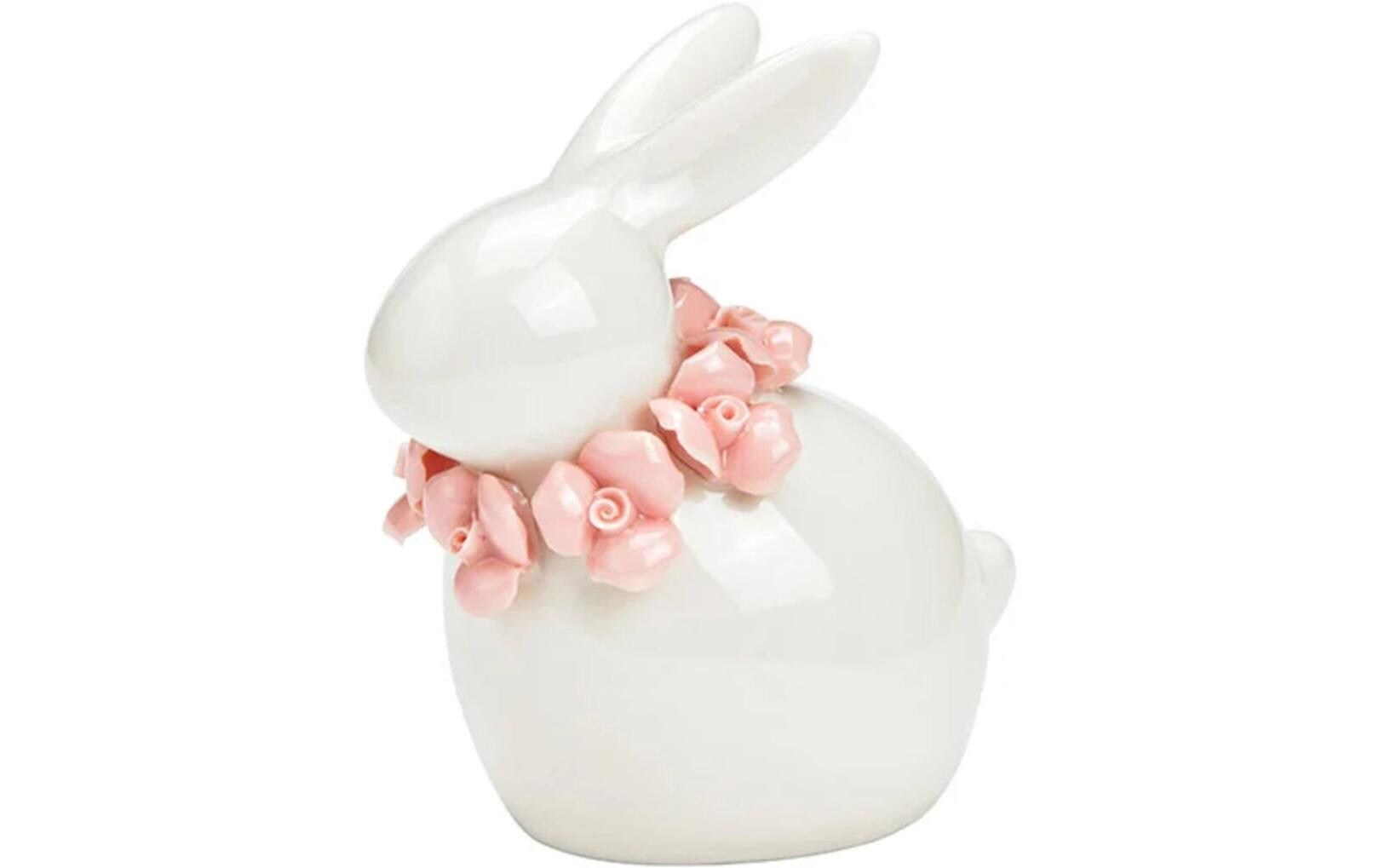 Aufsteller Hase mit Blumenkranz 9 cm, Rosa, WeissDekofigur