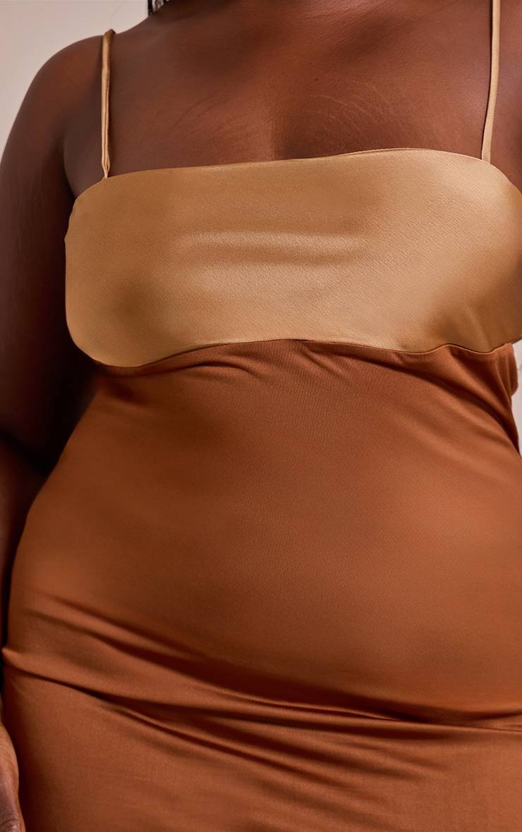 Marron Robe Mini Moulante Grande Taille À Bretelles Avec Empiècement Contrasté Au Buste