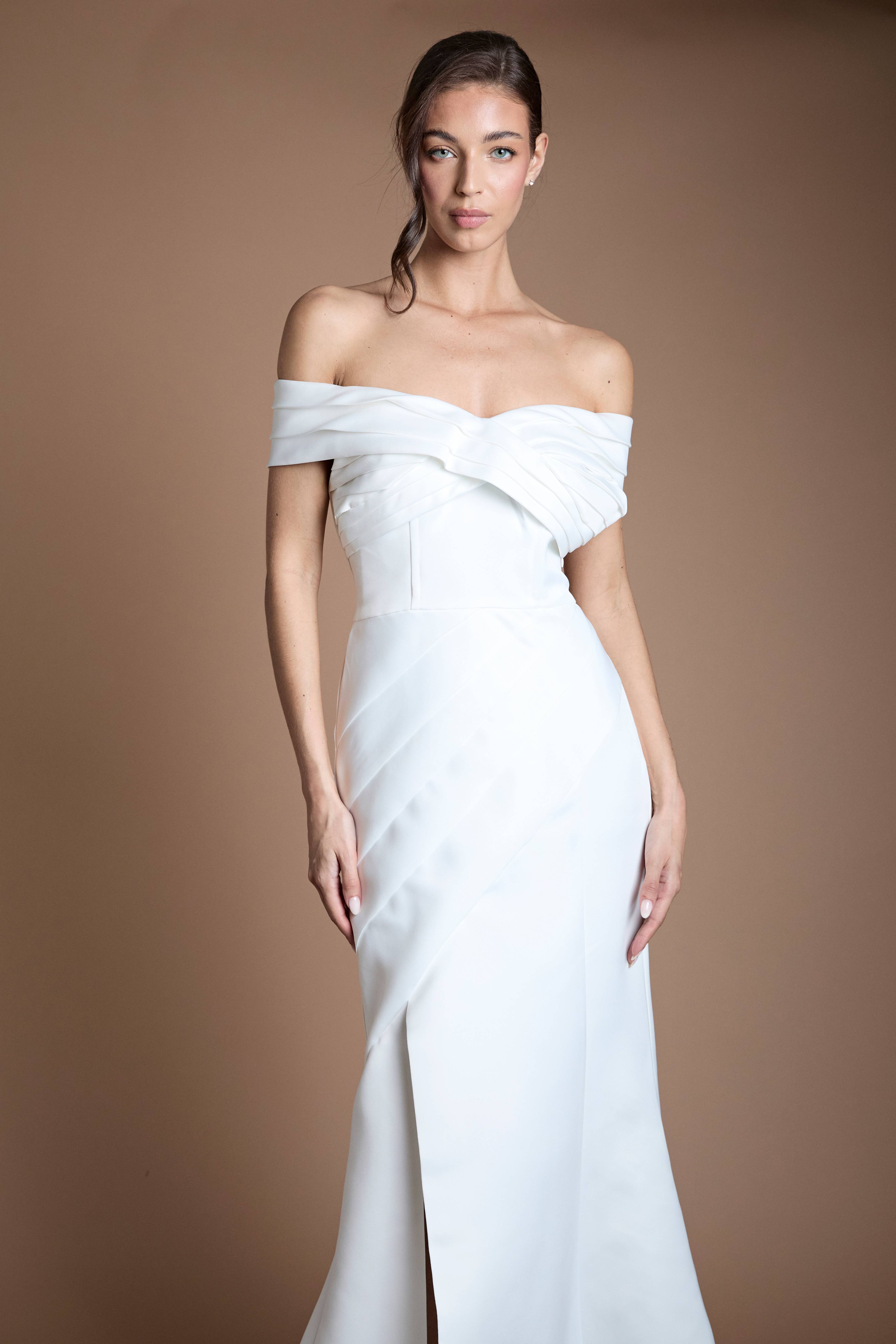 Coast Robe De Mariée Sirène Plissée En Satin Mat À Bustier Structuré