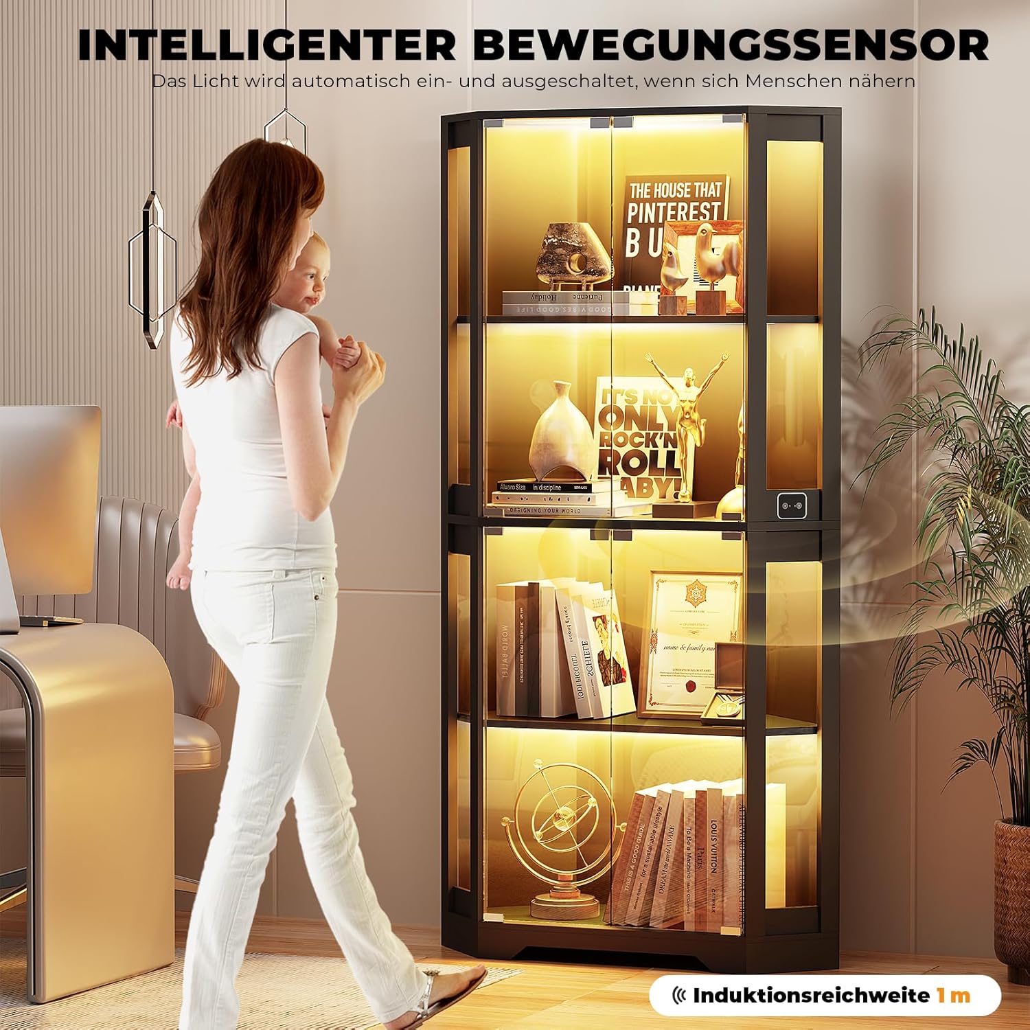 Eckvitrine mit Glastüren, Tall 165cm Eck Bücherregal mit 3 Farben Led Beleuchtung, 4-Ebenen Vitrinenschrank mit Intelligente Sensorik für Wohnzimmer Schlafzimmer Büro, Schwarz