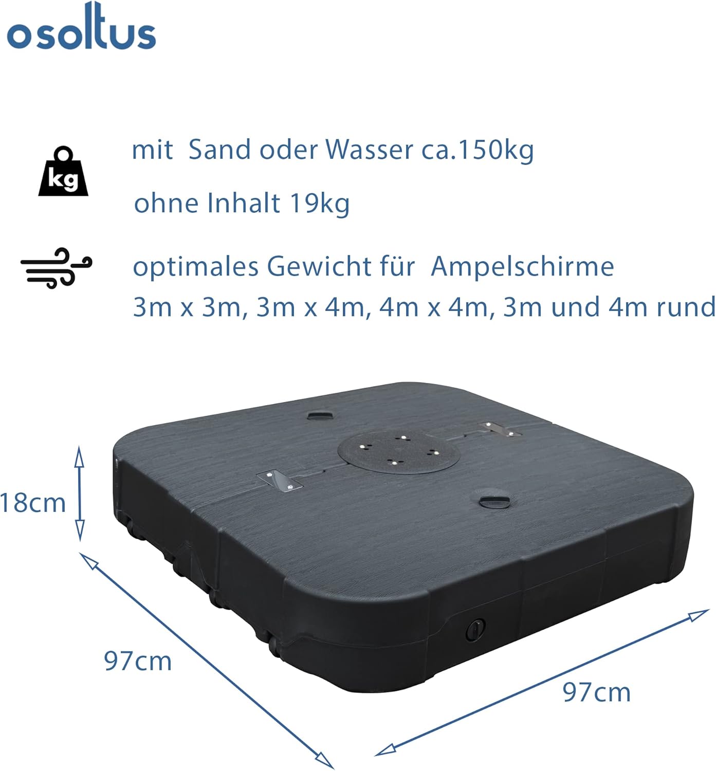 Schirmständer für Ampelschirm befüllbar mit Wasser Sand 150kg rollbar