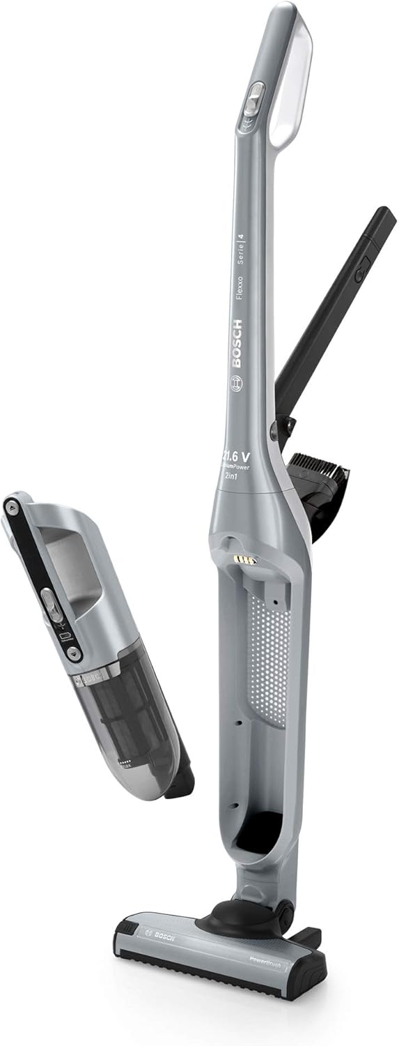 Bosch Akku-Staubsauger Flexxo 2in1 Serie 4 BCH3P210, kabelloser Handstaubsauger, beutellos, hohe Saugleistung, Lange Laufzeit, Kurze Ladezeit, Fugendüse, alle Bodenarten, Silber