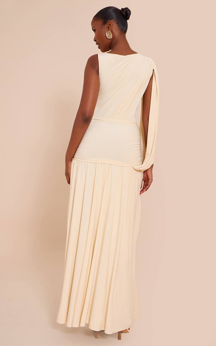 Pale Yellow Robe Maxi Froncée À Une Épaule En Tissu Slinky Double Couche
