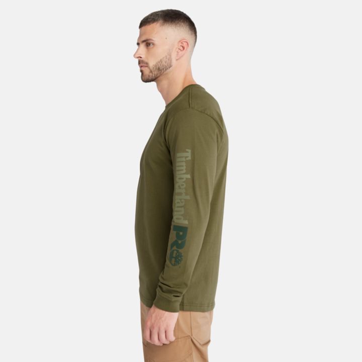 Camiseta Timberland PRO Core Logo de manga comprida para homem, na cor verde.