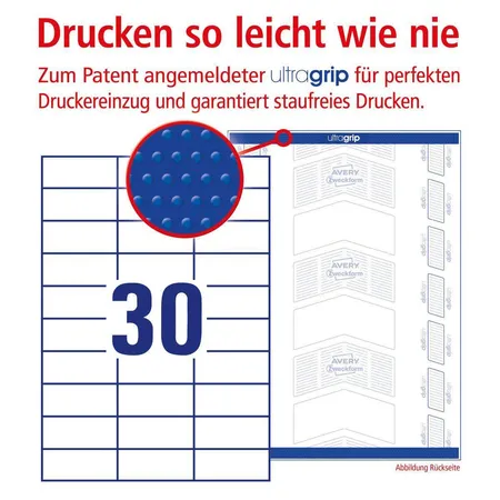 Avery Zweckform 3489 Universal-Etiketten,A4 mit ultragrip,70 x 29,7 mm, 100 Bogen/3.000 Etiketten, weiß