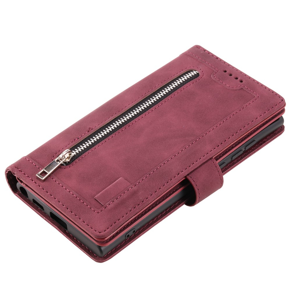 Samsung Galaxy S23 5G Leder Tasche Flip Cover mit Reissverschluss - Dunkelrot