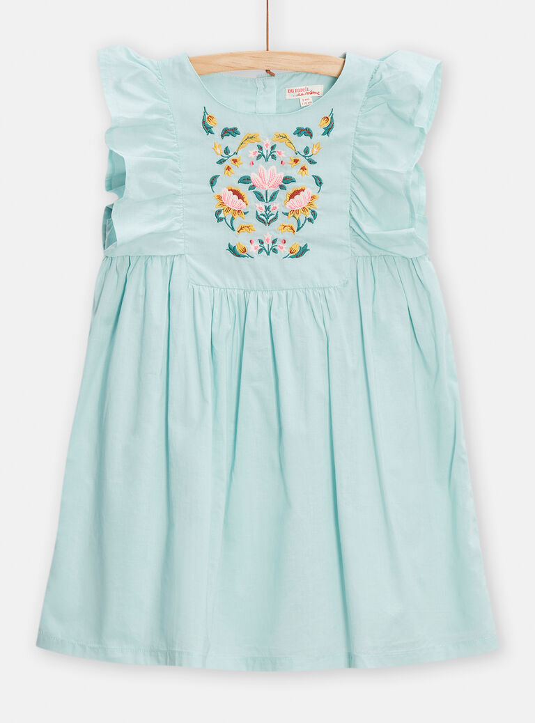 Robe vert d'eau à broderies fleuris pour fille