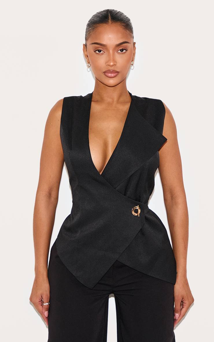 Noir Gilet Ajusté Asymétrique Avec Détails Dorés