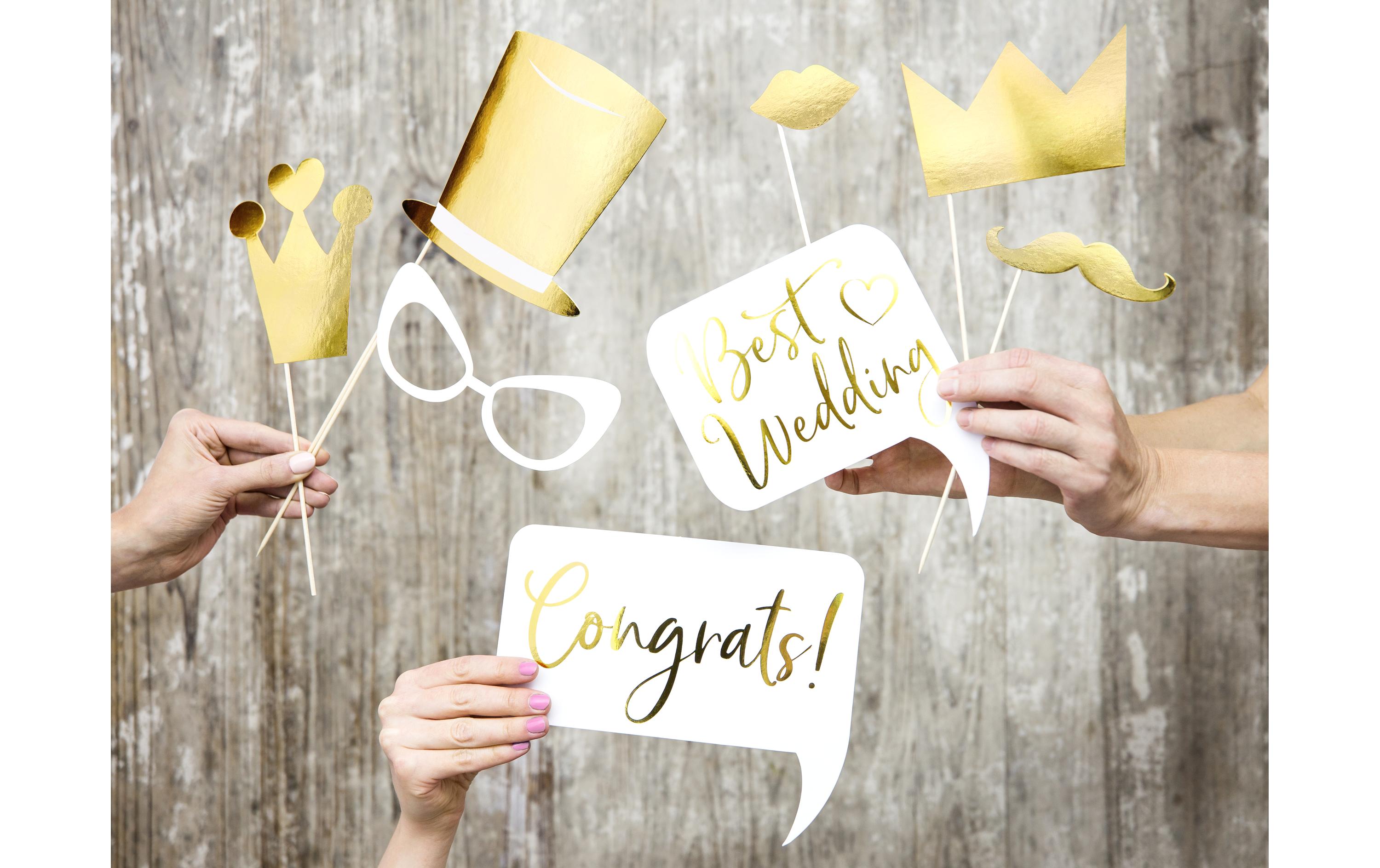 Hochzeitsaccessoire Photo Booth Wedding Set 10-teilig, GoldLusige Fotorequisiten für die Hochzeit, für die Braut, den Bräutigam, die Familie, Kollegen und alle anderen Gäste