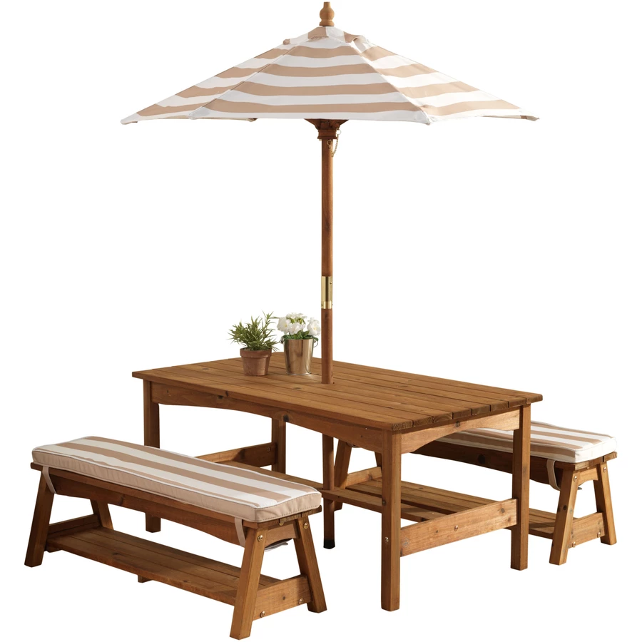 Kidkraft® Kinder Gartengarnitur mit Bänken, Kissen und Sonnenschirm, beige