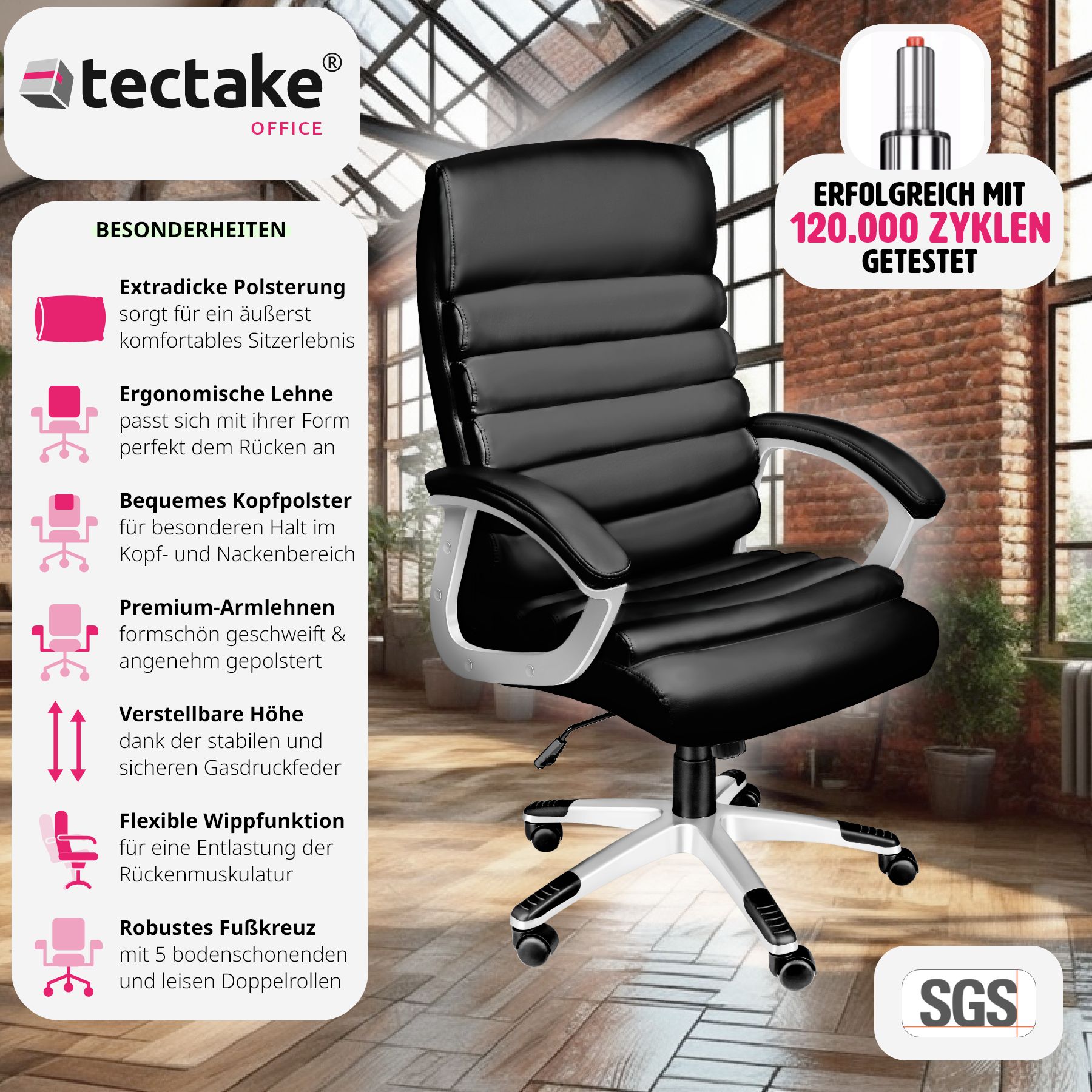 tectake® Bürostuhl, 360° drehbar und stufenlos höhenverstellbar, doppelte Polsterung mit Kunstlederbezug, einstellbare Wippfunktion