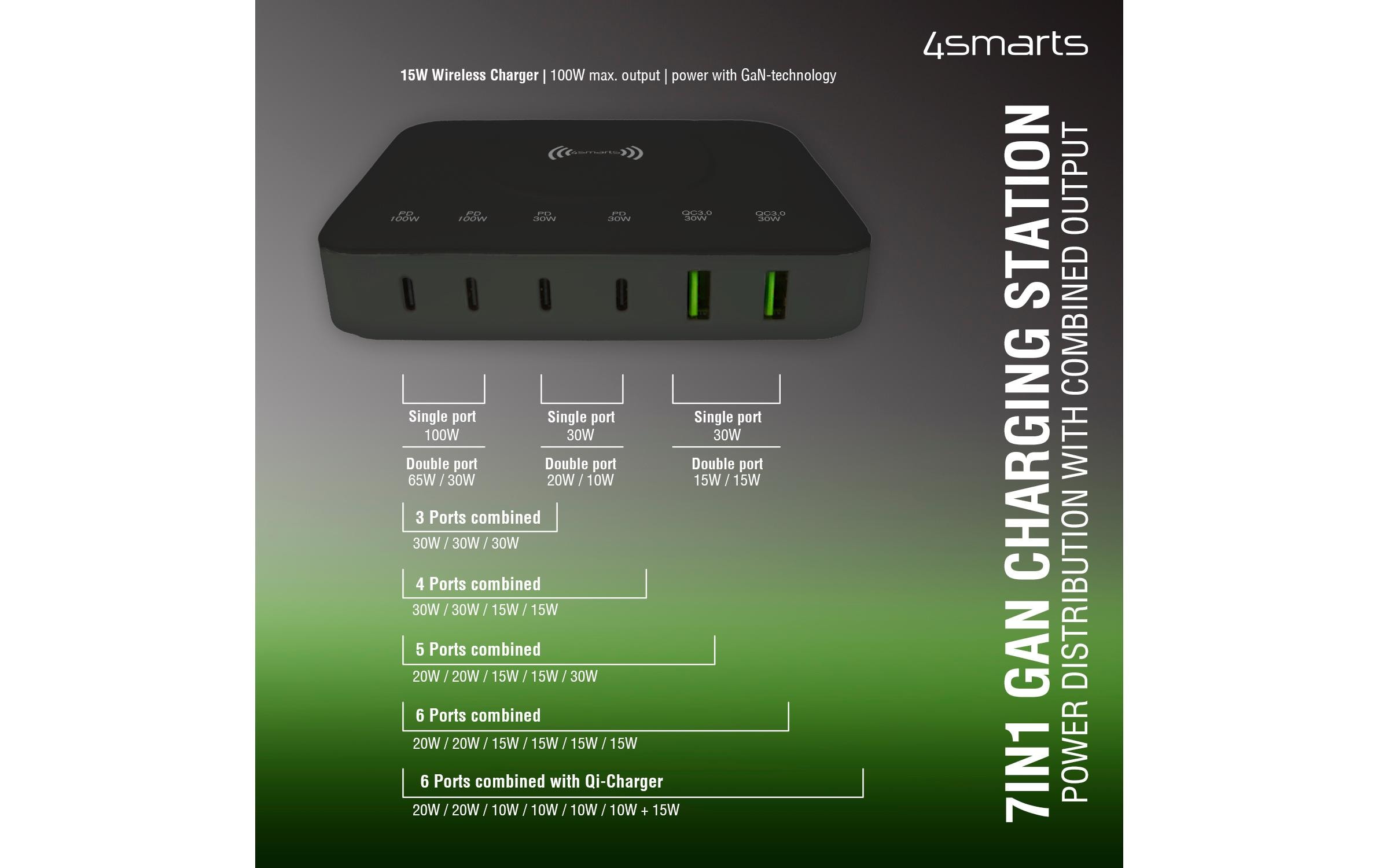 7in1 GaN Ladestation Schwarz7-Port Ladestation mit Schnellladefunktion und integrierter kabelloser Ladefläche