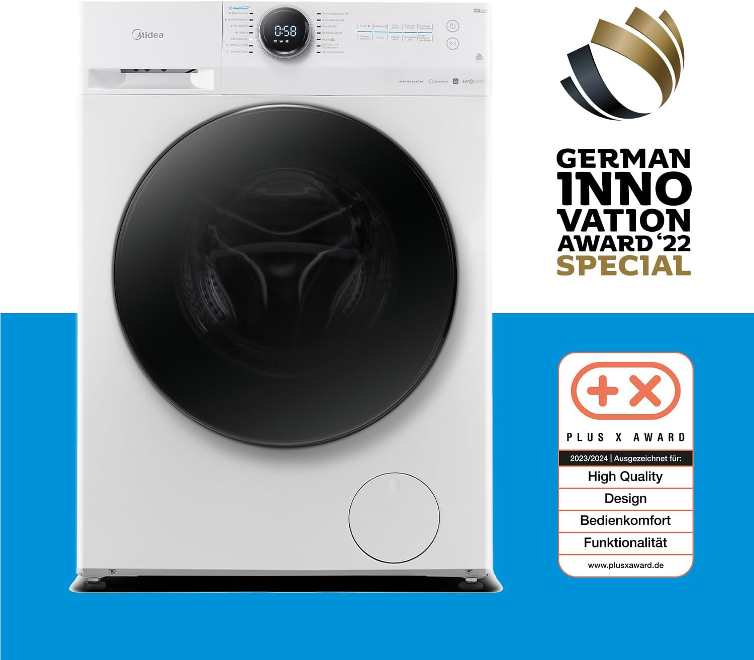 Midea MF200W80WB-14AS Waschmaschine / 8KG / nur 48 cm tief/Energieeffizienzklasse A/Steam Care/Nachlegefunktion / 1400 U/min/Turbo Wash/APP-Steuerung, AquaStop