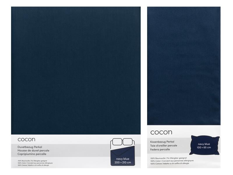 COCON Bettwäsche Perkal 200 x 210 / 65 x 100, Marineblau 3-teiliges Set aus reinem Baumwollperkal