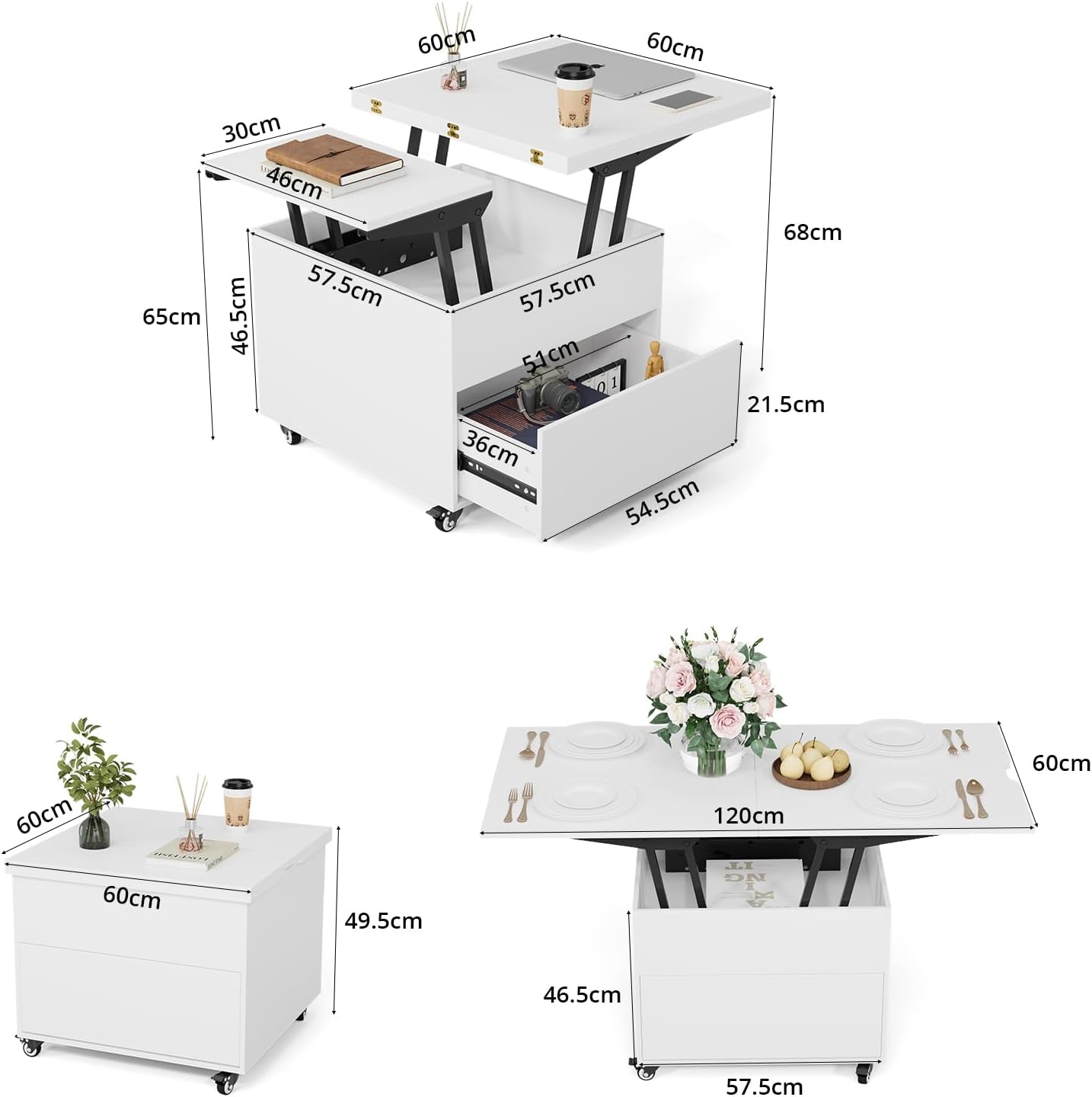 VOWNER Couchtisch Höhenverstellbar, 3-in-1-Multifunktions-Couchtisch Umwandelbar in Wohnzimmer-Esstisch, Couchtisch mit Verstecktem Stauraum, 120L x 60W x 68H cm (Weiß)
