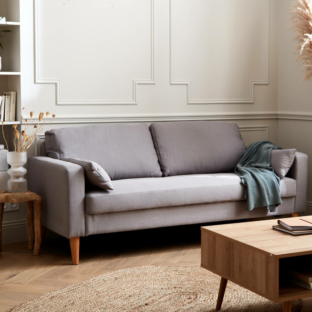 Canapé en tissu gris clair - bjorn - canapé 3 places fixe droit pieds bois. Style scandinave