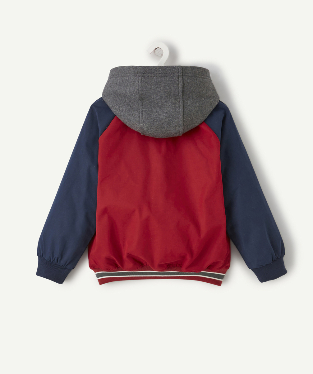 BLOUSON GARÇON BORDEAUX ET BLEU AVEC CAPUCHE ET PATCH
