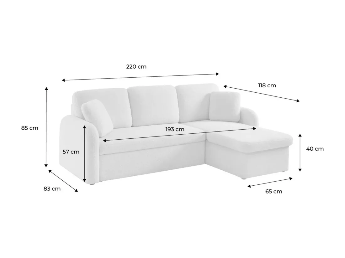 Canapé d'angle convertible en tissu bouclettes blanches - Milano - 3 places. fauteuil d'angle réversible coffre rangement lit modulable
