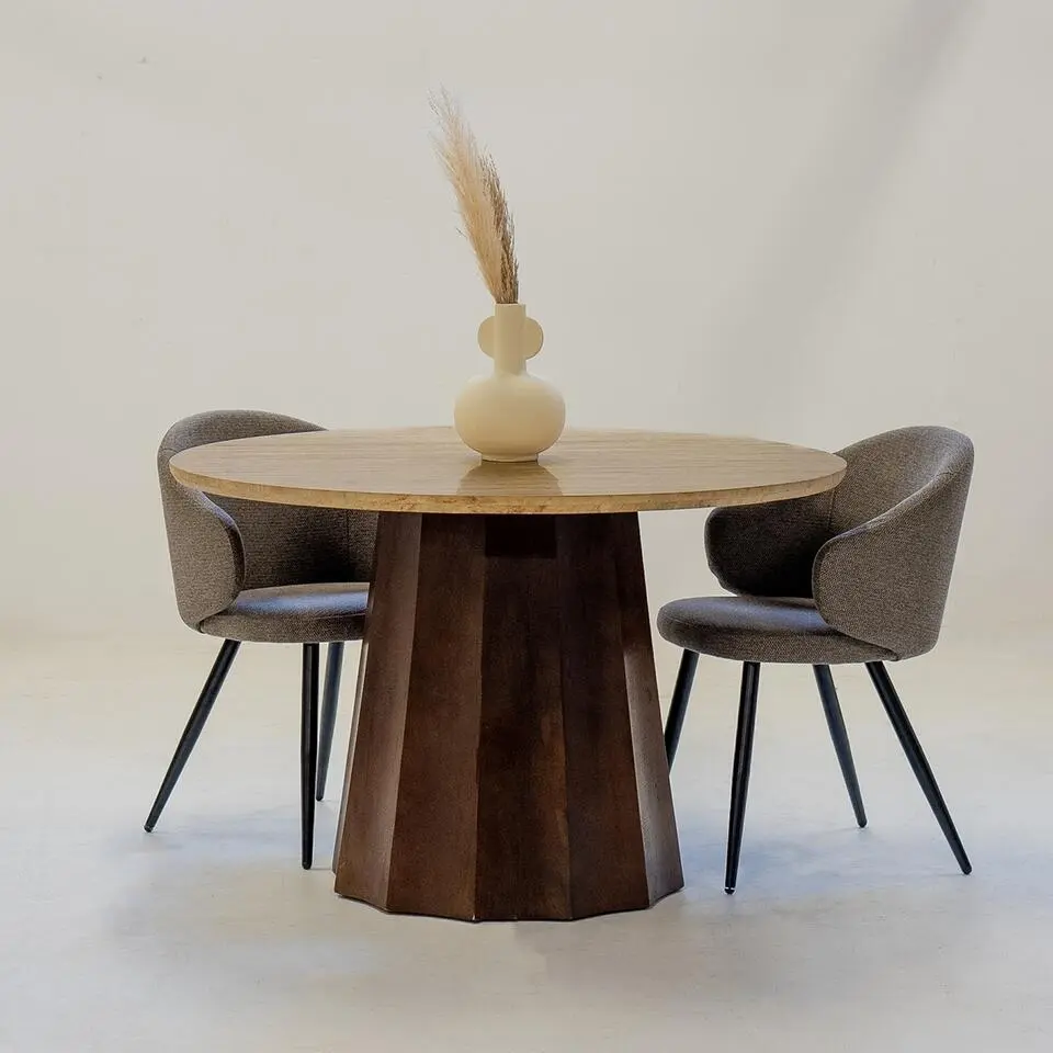 Eettafel Ø120cm - Wit Travertin Blad - Bruin Onderstel