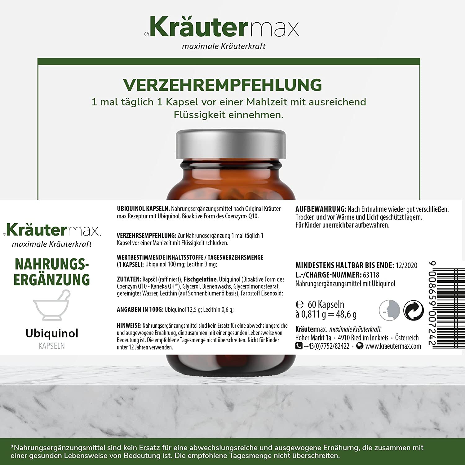 Kräutermax Ubiquinol 100 mg Kapseln - aktive Form von Coenzym Q10