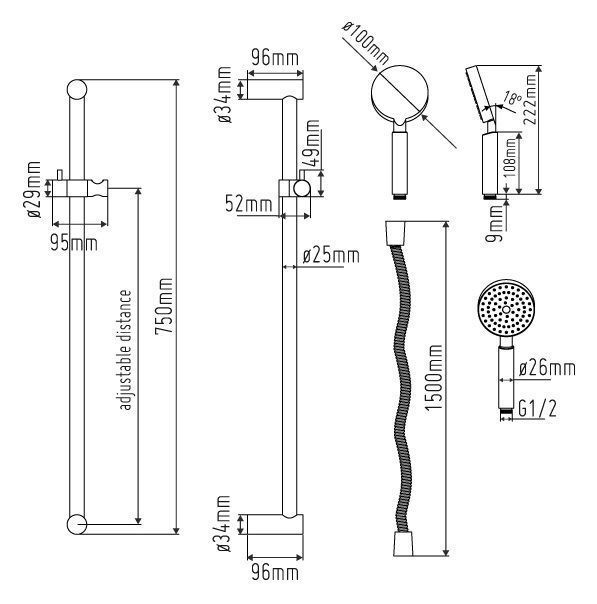 Sento Bow RVS316 Thermostaat douchekraan inclusief RVS316 glijstangset