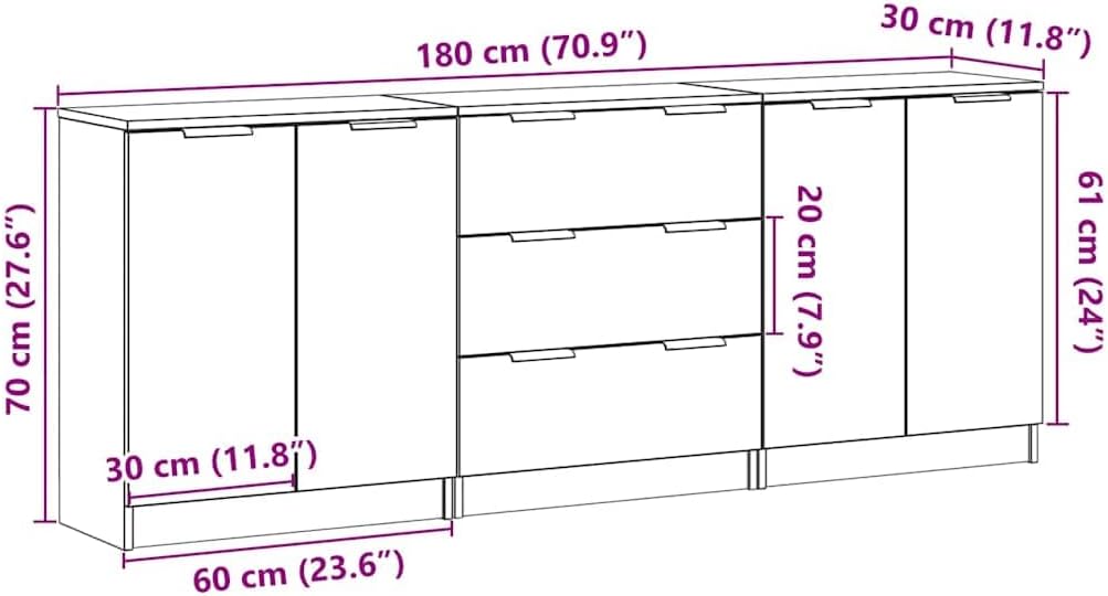 vidaXL Sideboards 3 STK. Artisan-Eiche 60x30x70 cm Holzwerkstoff, Buffetschrank, Küchenschrank, Wohnzimmerschrank, Schrank, Flurschrank