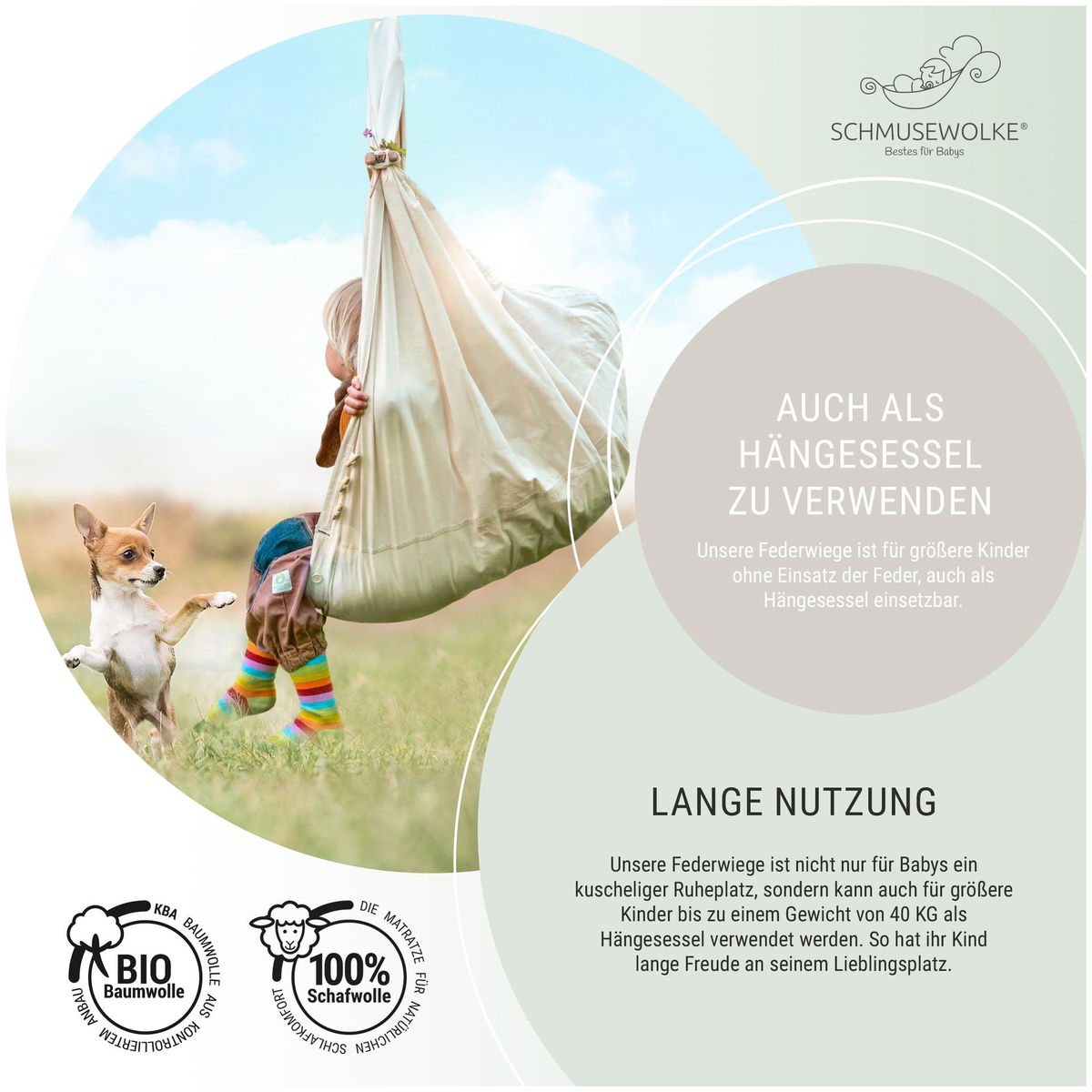 SCHMUSEWOLKESCHMUSEWOLKE   Tipi weiss mit anthrazit Motor und Bio Federwiege natur Schafwolle