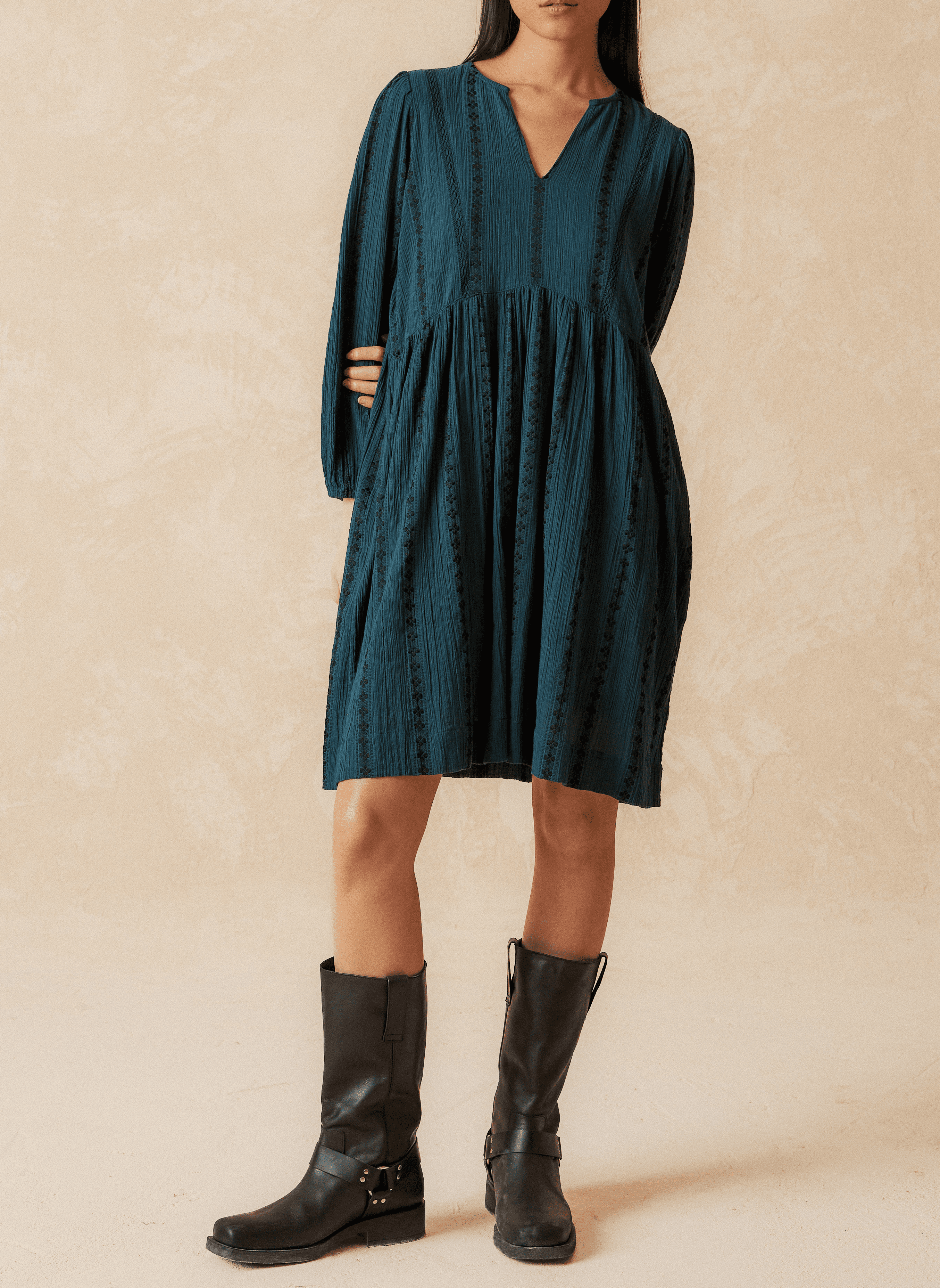 Robe courte ample col V jacquard en coton mélangé | Bleu