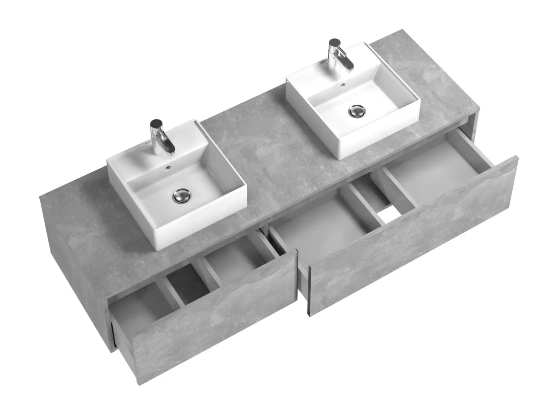 Meuble de salle de bain suspendu gris béton avec double vasque - L150 cm - ISAURE II