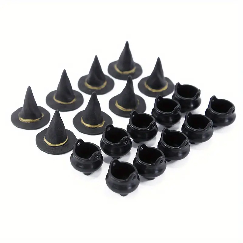 (20-tlg. Set) Miniatur Halloween Deko Mini Hexenkessel / Hut Grusel Party Tischdekoration Bastel Zubehör für Kreative DIY Projekte - Schwarz