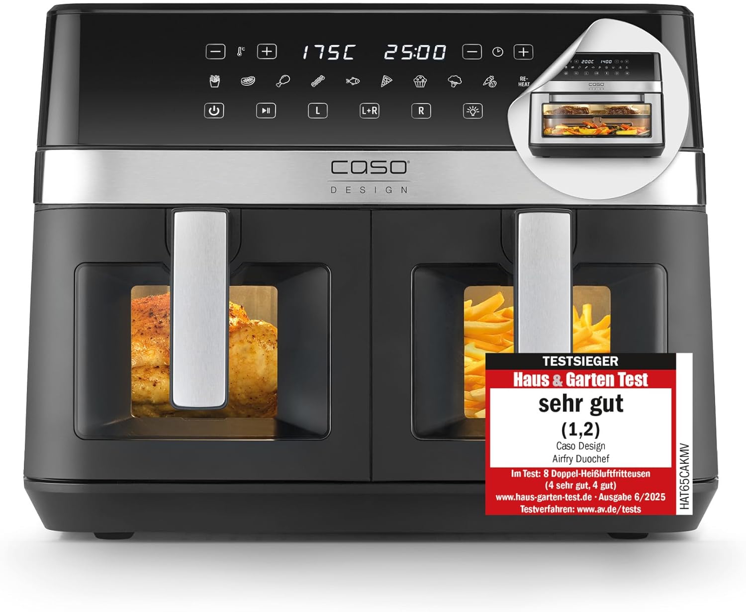 CASO AirFry DuoChef - Heißluftfritteuse - 2in1 Air Fryer mit 2 Frittierkörben oder als großer Airfry-Ofen nutzbar, 14 Liter, Air Fryer mit 10 Programmen, 50-200°C, Timer, spülmaschinenfest