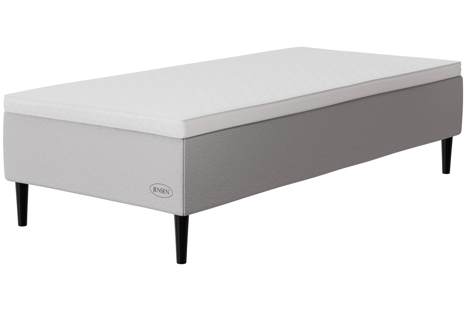 Opal rammesenge 90x210 cm Tekstil 186 lys grå, ekstra fast, sleep III overmadrass og Conic sorte 18 cm ben