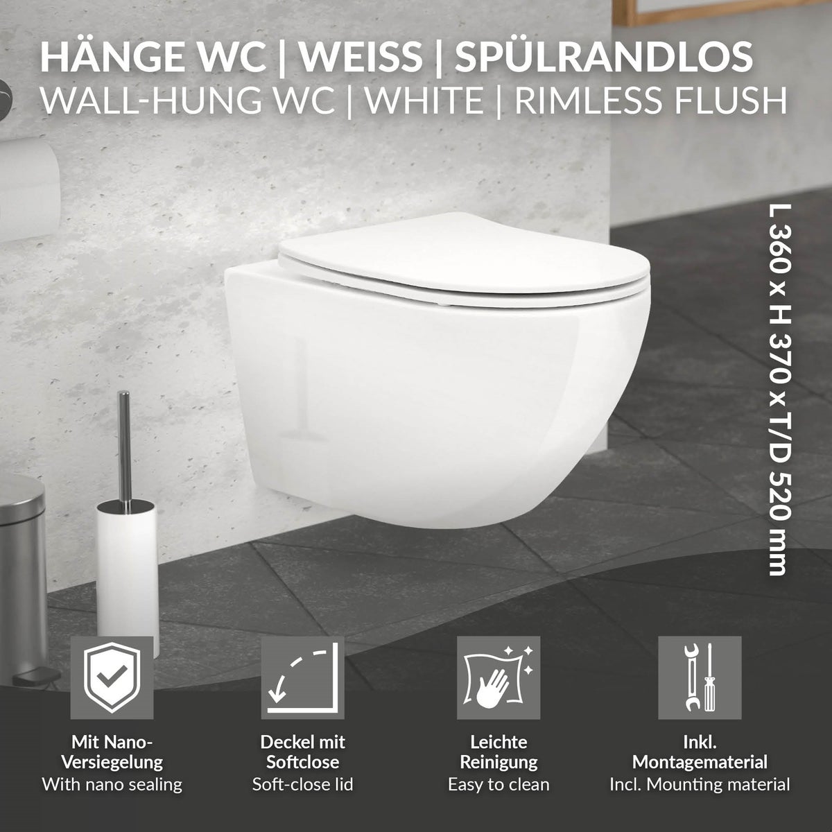 ECD Germany Randloos wandcloset, lang 52 cm, glanzend wit met nanocoating, wandcloset met afneembare Duroplast-zitting, softclose-mechanisme, diepspoeltoilet met lotuseffect