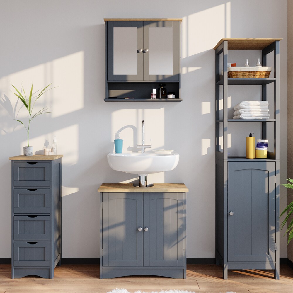 Vicco Badschrank Bianco Grau Hochschrank 160x40x32cm Badregal Badmöbel grau Holz Badezimmerschrank im Landhausstil