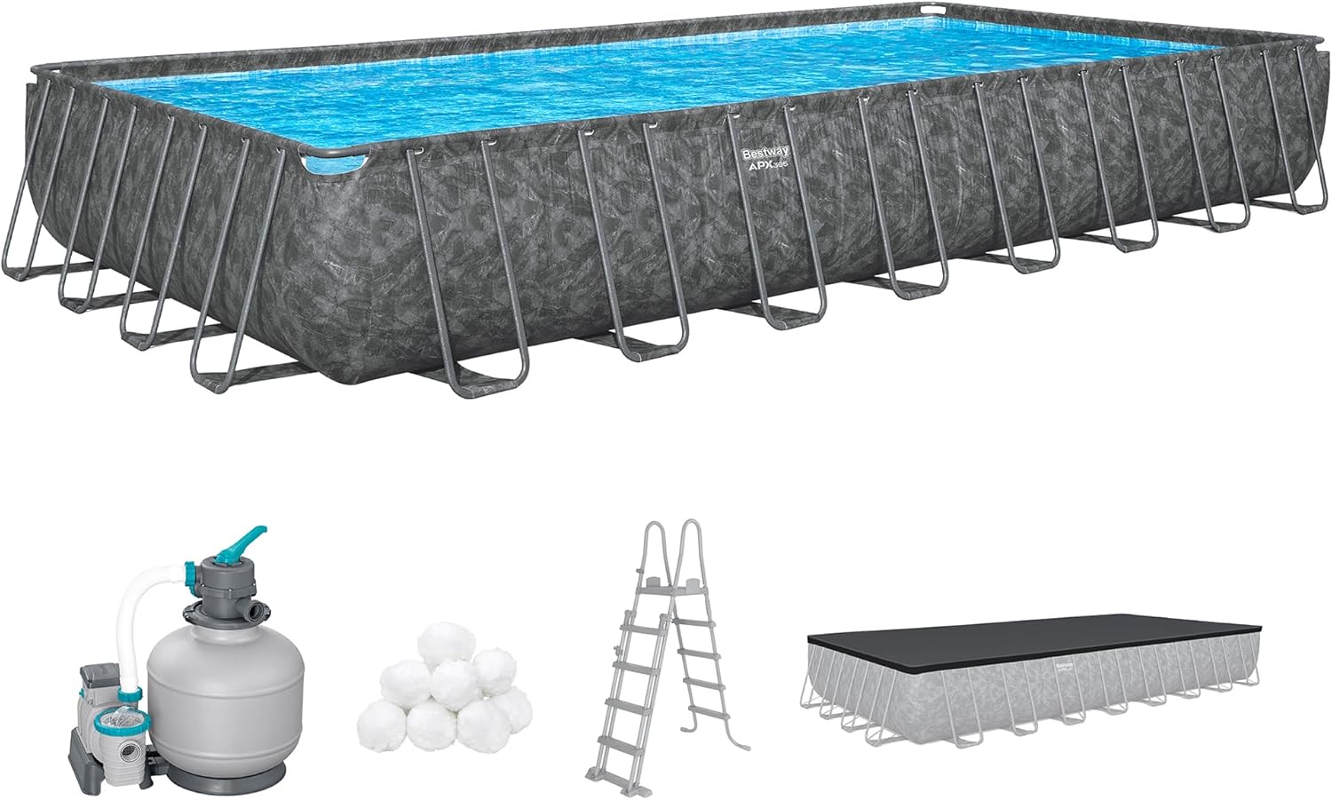 Bestway APX365 Winterfestes Frame Pool Komplett-Set, 956 x 488 x 132 cm, 52.231 L, Sandfilteranlage, Polar-Shield Ganzjahresschutz, ClickConnect System, Marmor-Optik, Sicherheitsleiter, Abdeckplane