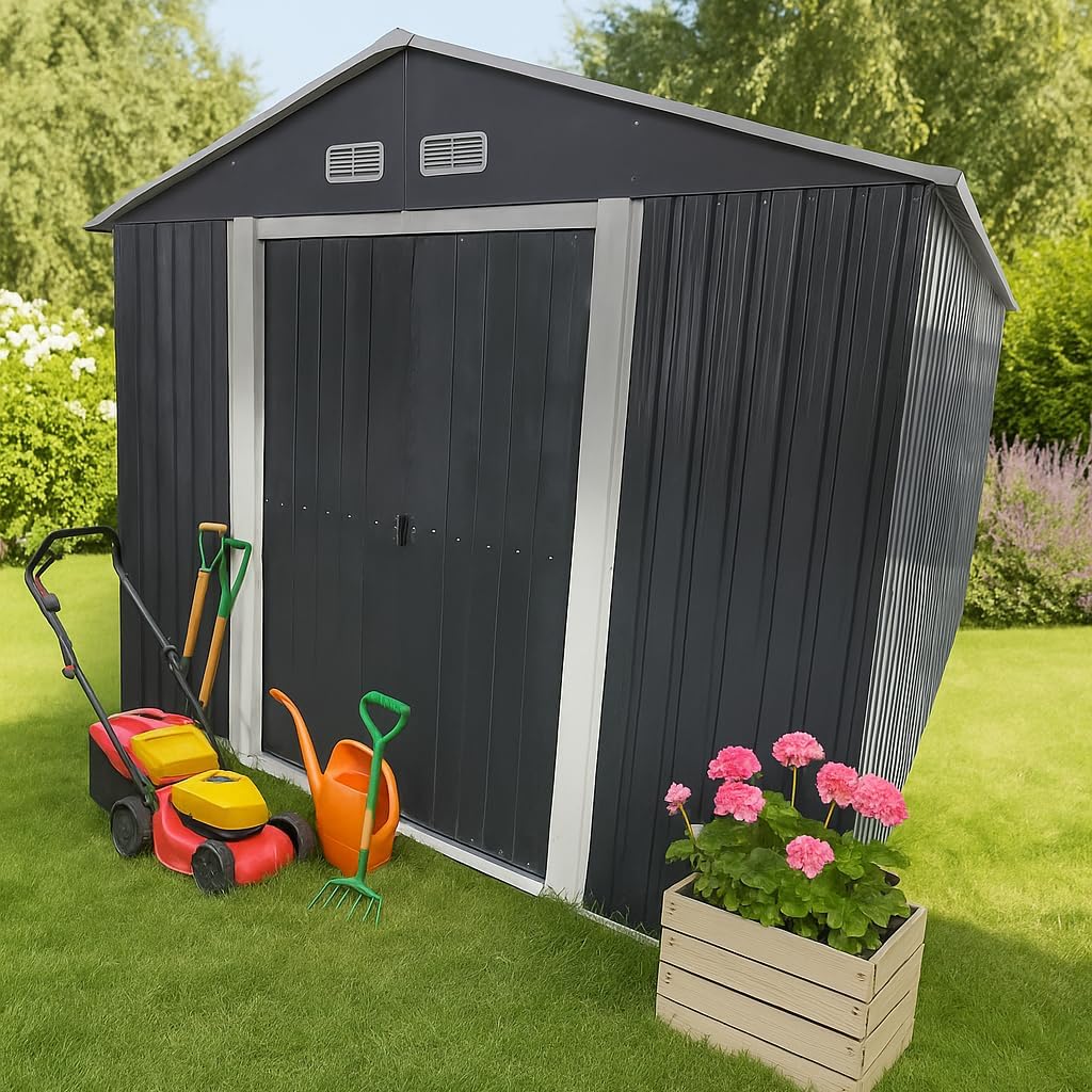 4iQ Metall Gerätehaus 9 m² – Stahl Gartenhaus 303 x 300 x 214 cm, verzinkt, Schuppen für Werkzeug, Fahrräder & Gartengeräte, Anthrazit