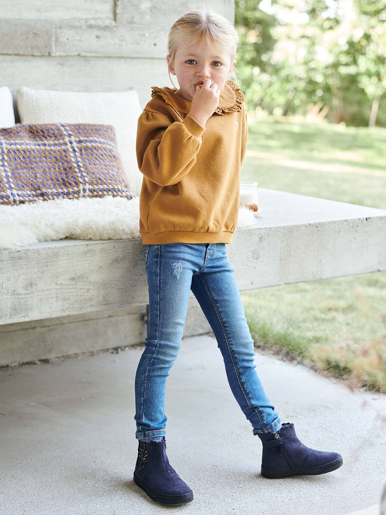 Botas de cano curto com elástico e zíper, para meninas, azul escuro liso