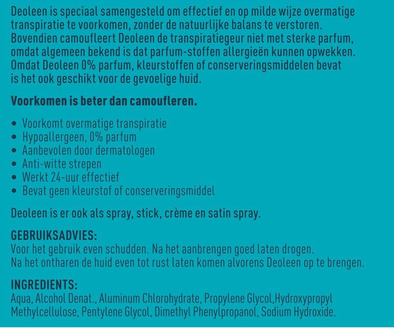 Deoleen - Anti-transpirant Deodorant Roller - Hypoallergeen - 0% Parfum