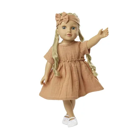 Heless Puppenkleid aus 100 % Bio-Baumwolle mit Rüschen und Haarband, karamell, 2-teilig, Gr. 35-45 cm