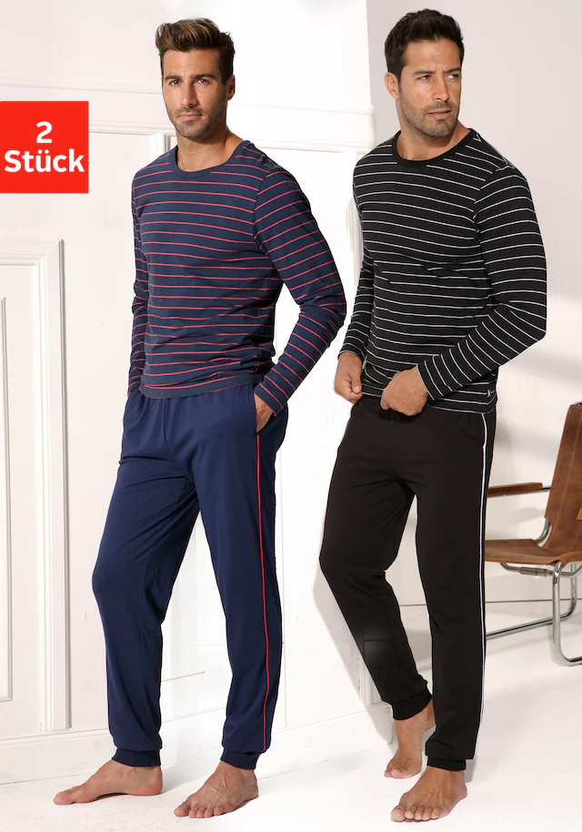 AUTHENTIC LE JOGGER Pyjama, 4 Stk. Schlafanzug in langer Form mit garngefärbten Streifen