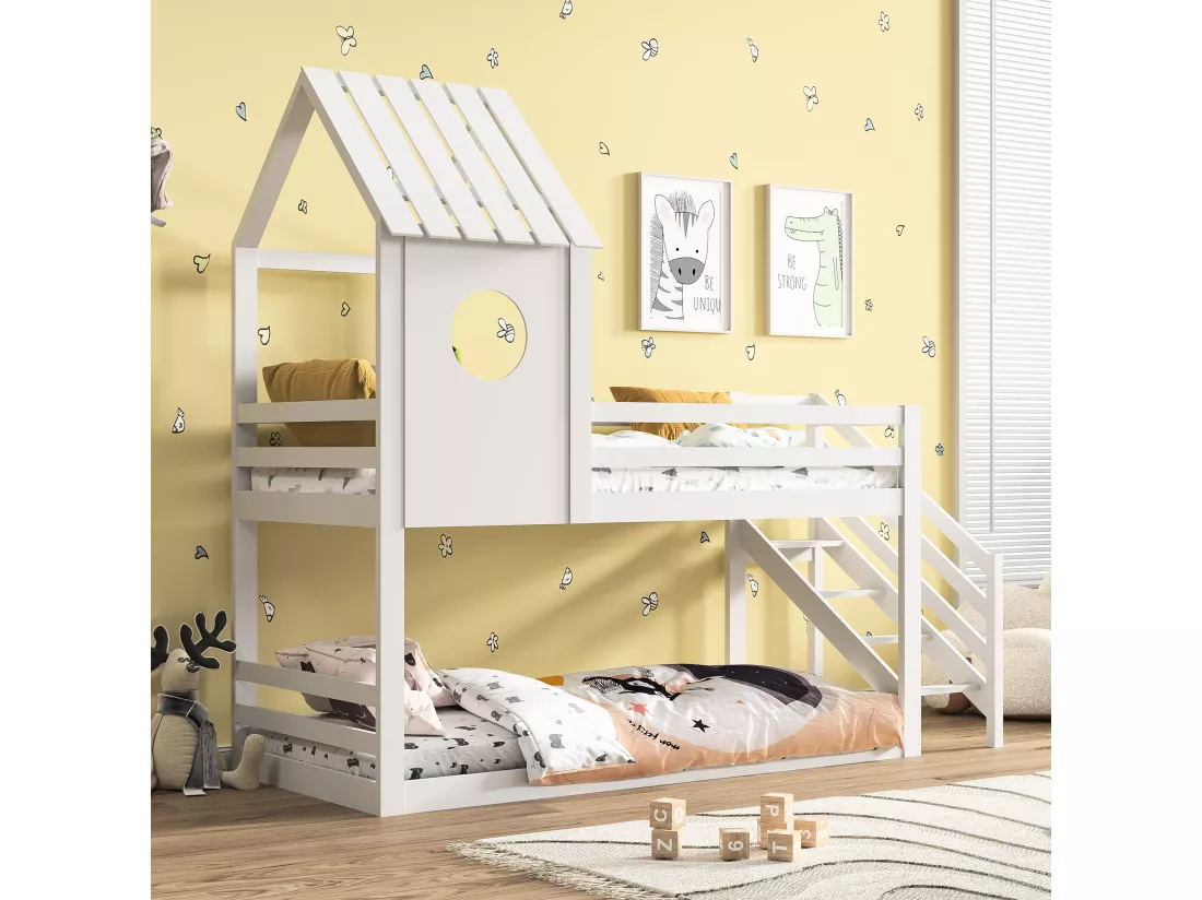 Lit cabane 90x200cm, Lit superposé avec Garde-Corps, Forme Toit, Lit en Bois Massif avec sommiers à Latte pour 2 Personnes, Blanc