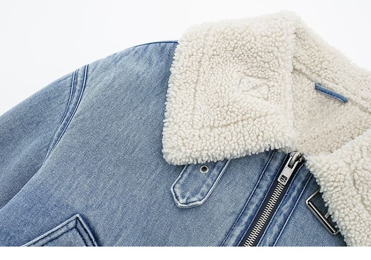 SugaYuja - Gewassen fleece denim jack met kraag en rits