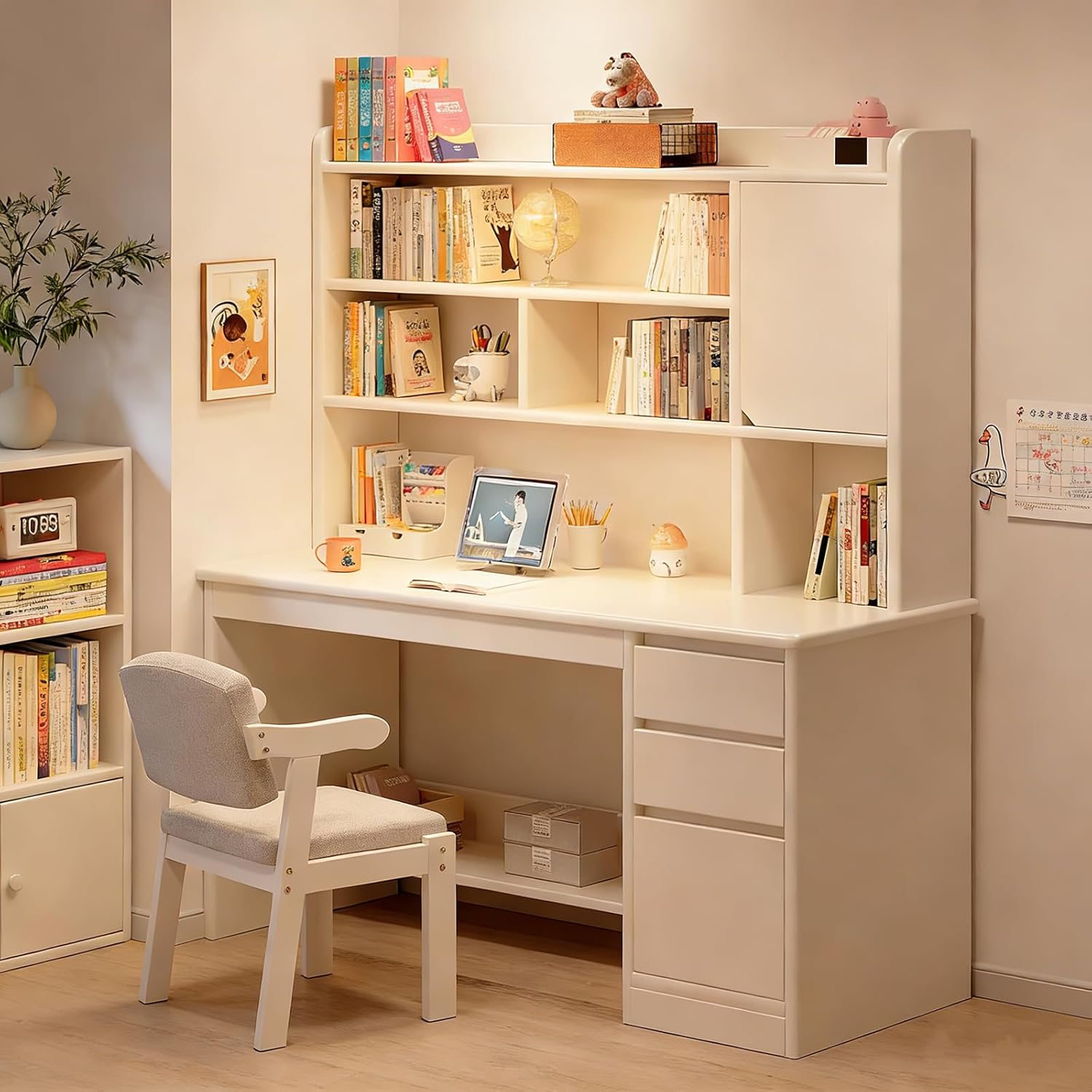 Computertisch aus Holz mit Schubladen und Ablagen，Moderner Weißer Schreibtisch mit Aufsatz Schreibtisch für Zuhause und Büro, mit Ablagefach Großer Home-Office-Schreibtis(Size:120x45x165cm,Color:Weiß)