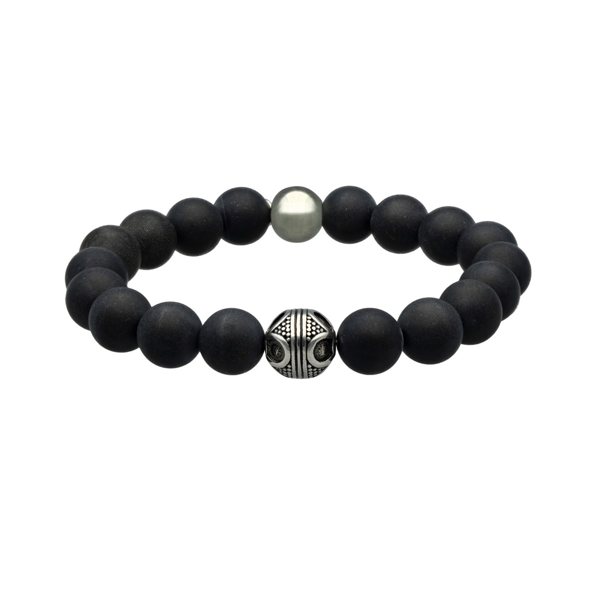 Bracelet Acier Pierres Naturelles Perles Rondes Agate Noir-Large-20cm