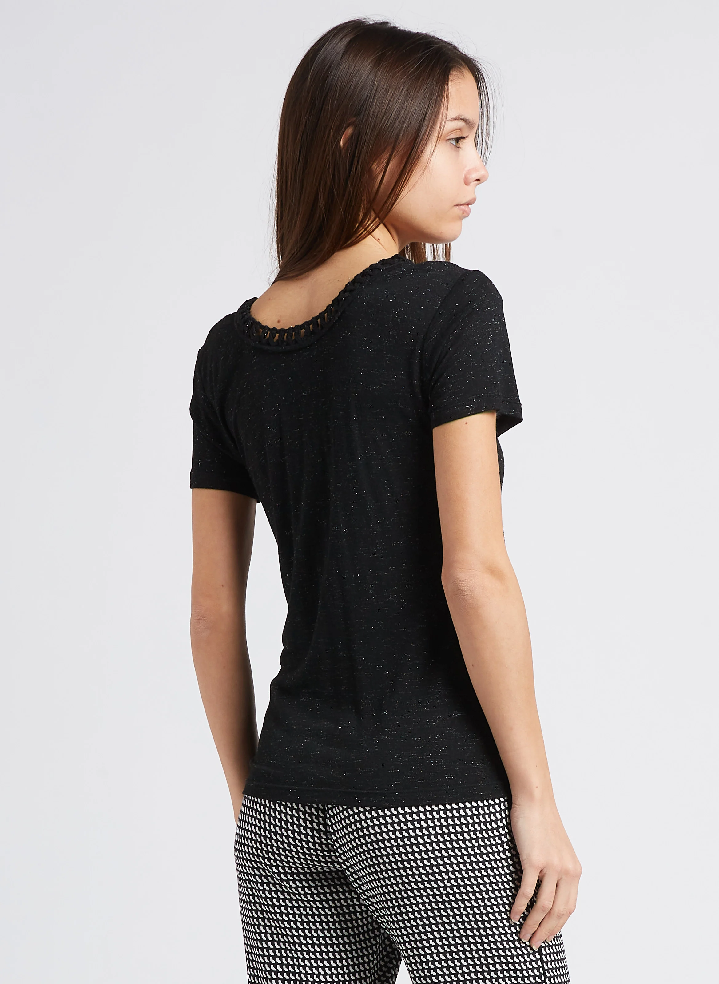 Tee-shirt droit encolure V à fibres métallisées | Noir