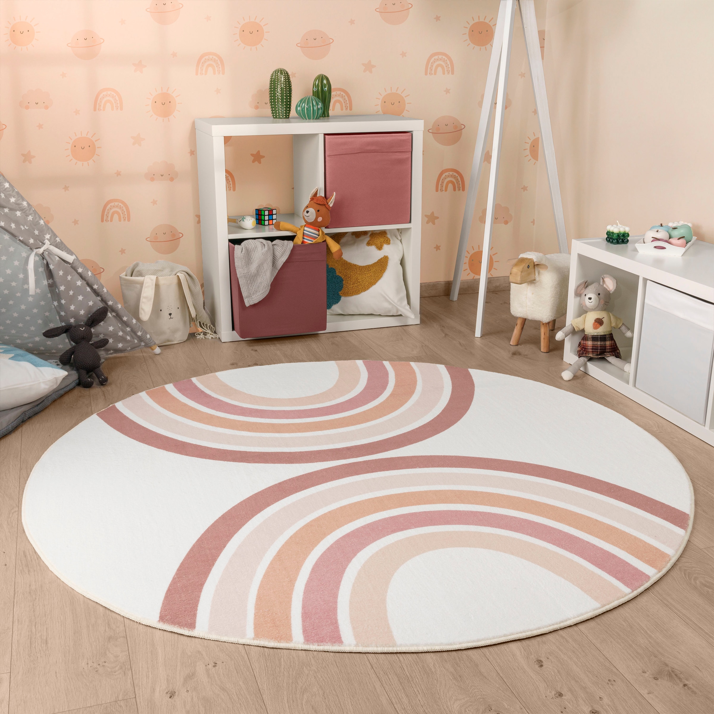 Paco Home Kinderteppich »Niloya 361« rund 12 mm Höhe Spielteppich, Kurzflor, bedruckt, Motiv Regenbogen, waschbar