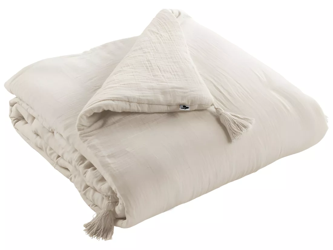 Édredon 90 x 200 cm en gaze de coton écru avec 4 pompons - PEPA