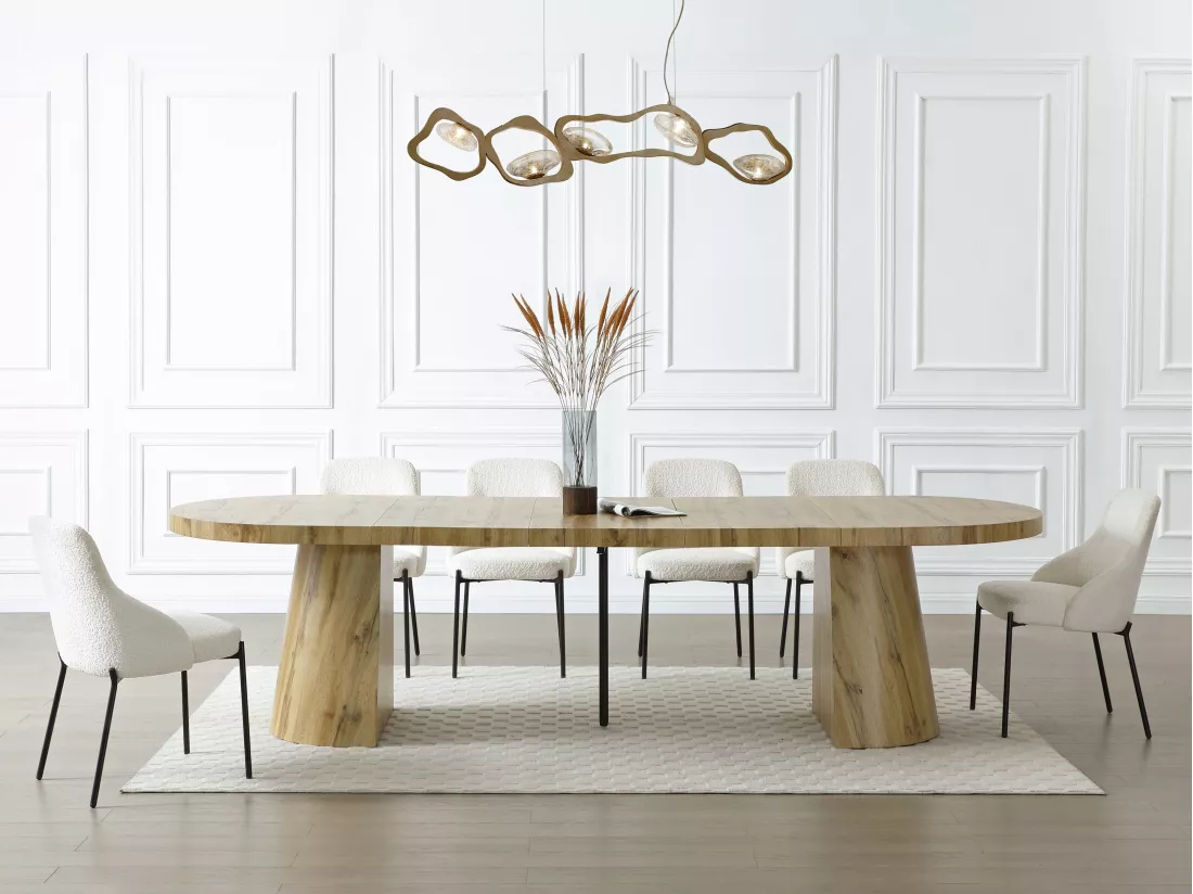 Table à manger extensible 6 à +12 personnes en MDF - Naturel Clair - CLOEVA