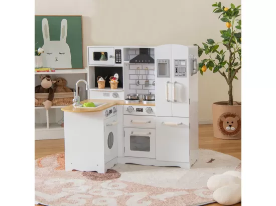 Cuisine d’Angle Enfants avec Réfrigérateur Latéral, Cuisinière de Jeu en Bois avec Machine à Laver, Téléphone Simulé, Ustensiles de Cuisine, Jouet d’Imitation pour Tout-Petits de 3 Ans+