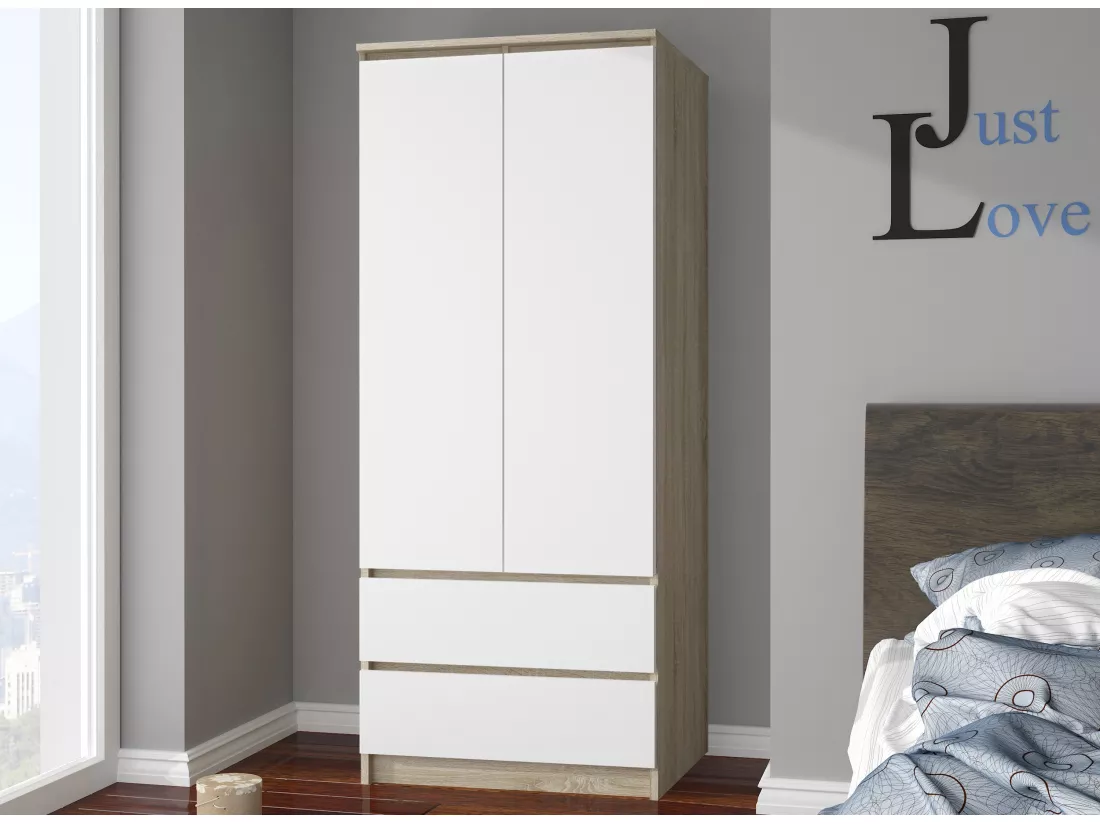 Armoire AKORD S90 Chêne Sonoma 90 cm 2 portes 2 tiroirs façade Blanche 4 étagères 90x51x180 cm